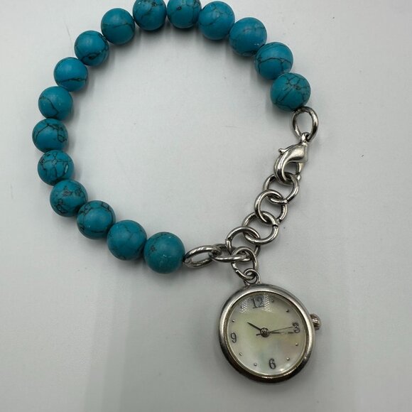 Beaded Bracelet Charm Watch Silver Tone Faux Turquoise Mother of Pearl Dial - Picture 3 of 9